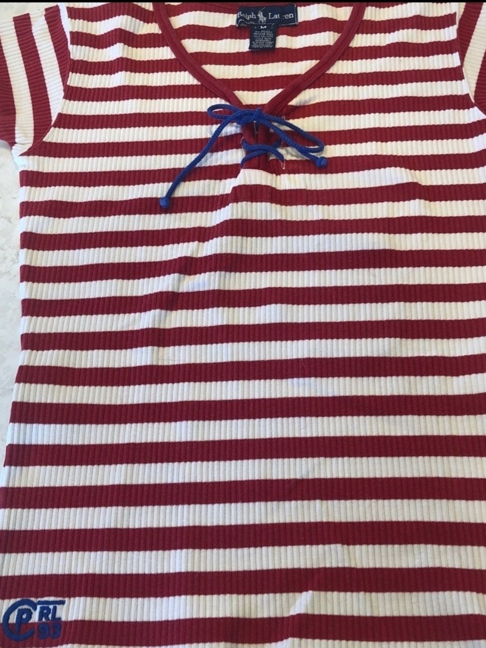 Ralph Lauren Womens's Red and White Striped Lace-Up Ribbed Tee with Blue Tie